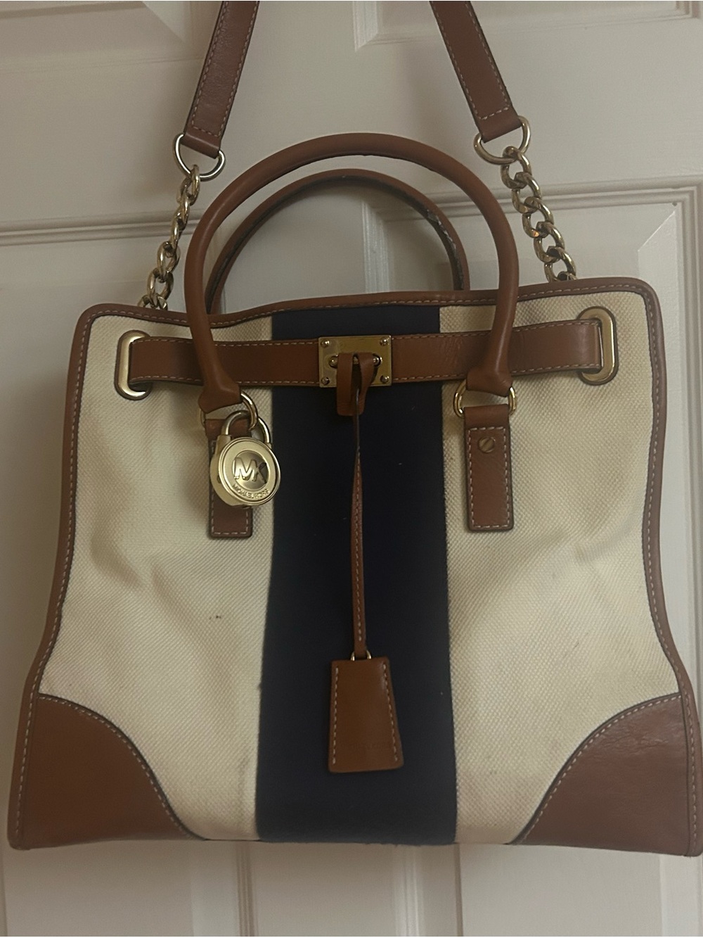 Michael Kors Cream Canvas Satchel with Navy Center Stripe and Brown Leather Trim